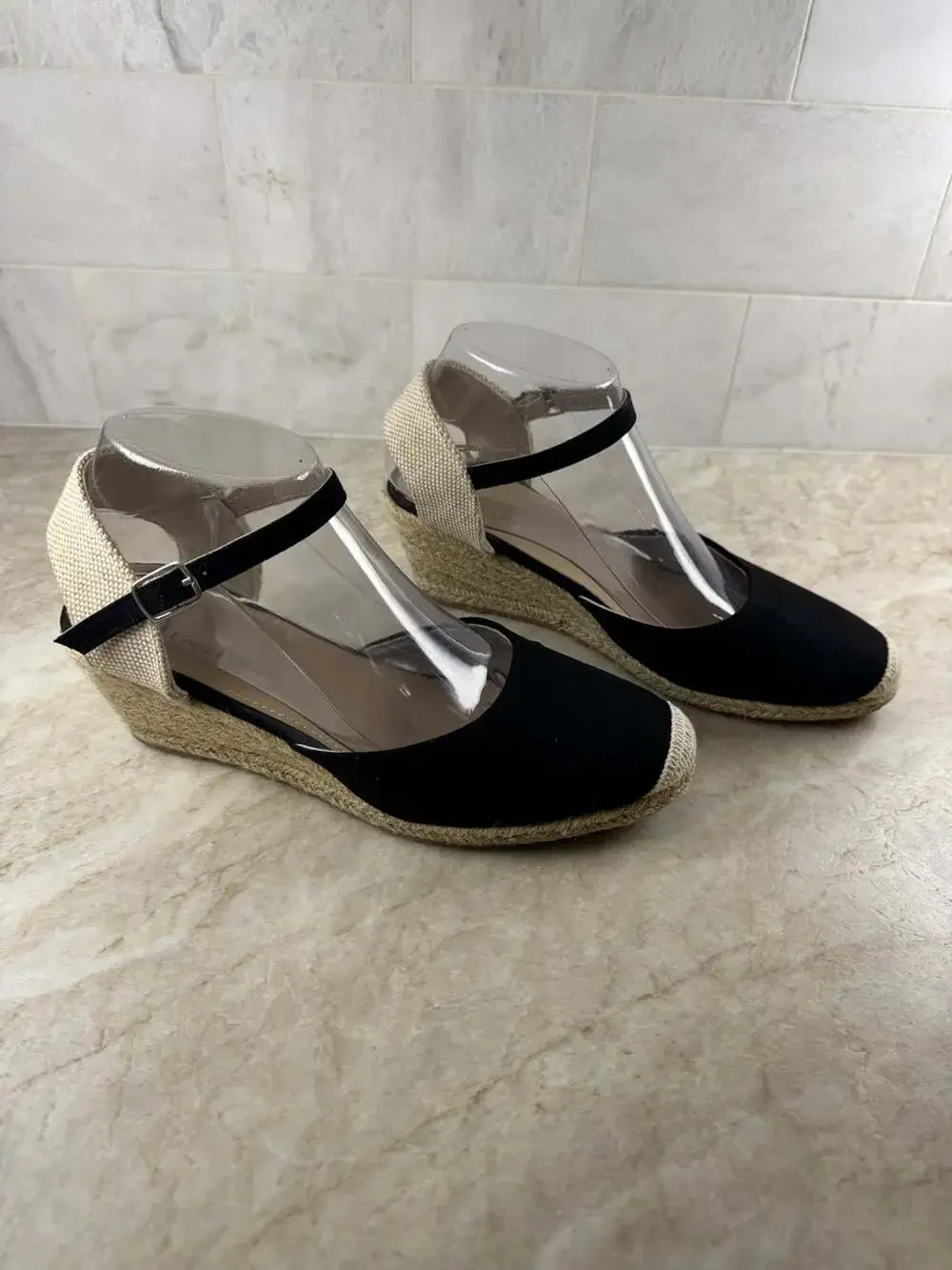 Lora Dora Black Suede Espadrille Wedge Sandals Ankle Strap EU 39 Boho